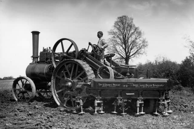 The Derby land digger, a plough which is attached to a traction engine.   (Photo by Hulton Archive/Getty Images)