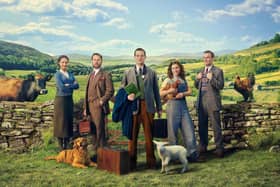 All Creatures Great and Small. Pictured: (L-R) Mrs Hall (Anna Madeley), Siegfried Farnon (Samuel West), James Herriot (Nicholas Ralph), Helen Alderson (played by Rachel Shenton) and Tristan Farnon (Callum Woodhouse).