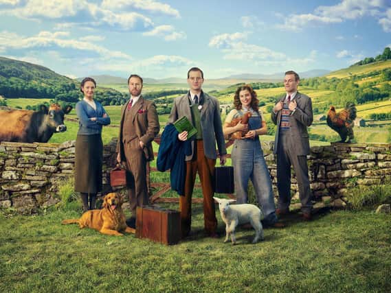 All Creatures Great and Small. Pictured: (L-R) Mrs Hall (Anna Madeley), Siegfried Farnon (Samuel West), James Herriot (Nicholas Ralph), Helen Alderson (played by Rachel Shenton) and Tristan Farnon (Callum Woodhouse).