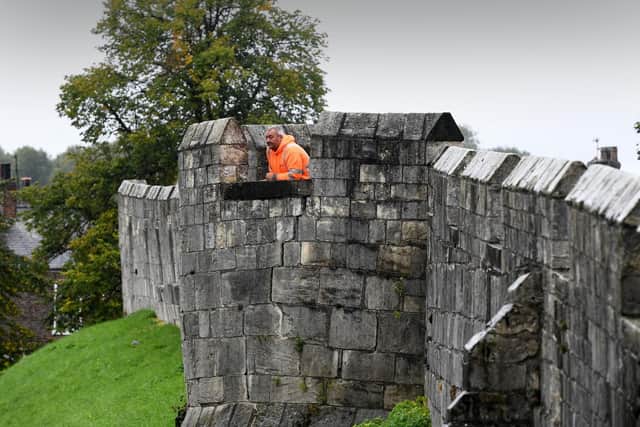 Stonemasons at Tower Two on the York City walls, where work need to take place to repair deterioation to the Tower..Dave Hindmarch pictured on the City Walls. Picture by Simon Hulme.
