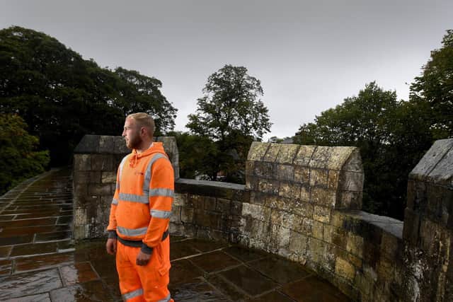 Stonemasons at Tower Two on the York City walls, where work need to take place to repair deterioation to the Tower..Dan Clubley is pictured on the Tower. Picture by Simon Hulme