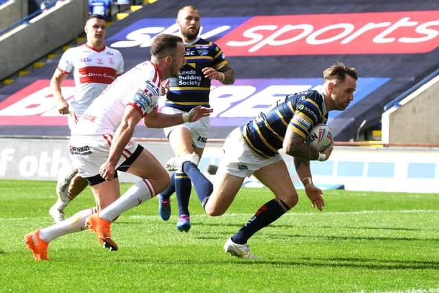 Leeds Rhinos' Richie Myler goes over for his try. (PIC: JONATHAN GAWTHORPE)