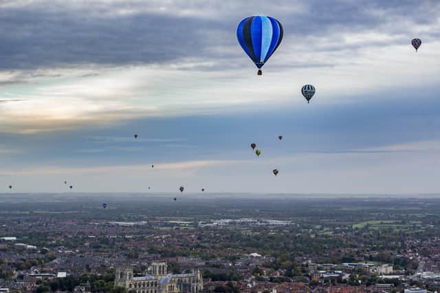 The first York Balloon Fiesta in 2017, with balloons heading north over the city of York and passing directly over York Minster. Image: James Hardisty