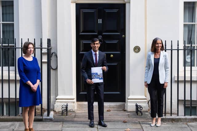 Chancellor of the Exchequer Rishi Sunak with Dame Carolyn Julie Fairbairn, Director General of the CBI, and Frances O'Grady, General Secretary of the TUC, outside No 11 Downing Street before heading for the House of Commons to give MPs details of his Winter Economy Plan.