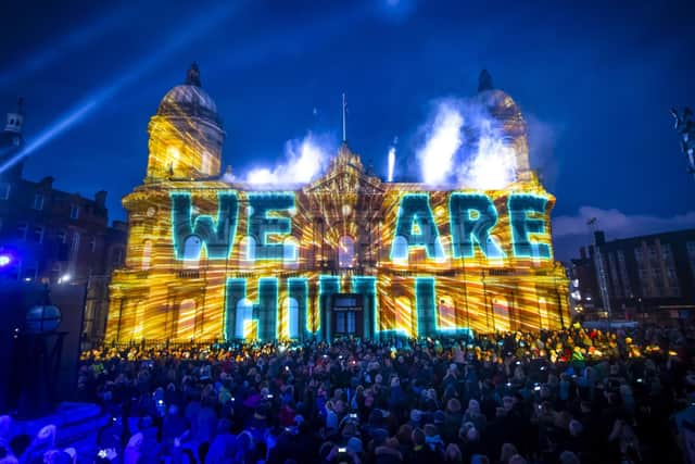 An installation titled We Are Hull by artist Zolst Balogh is projected onto the city's Maritime Museum, forming part of the Made in Hull series marking the official opening of Hull's tenure as UK City of Culture in 2017. Picture: Danny Lawson/PA Wire