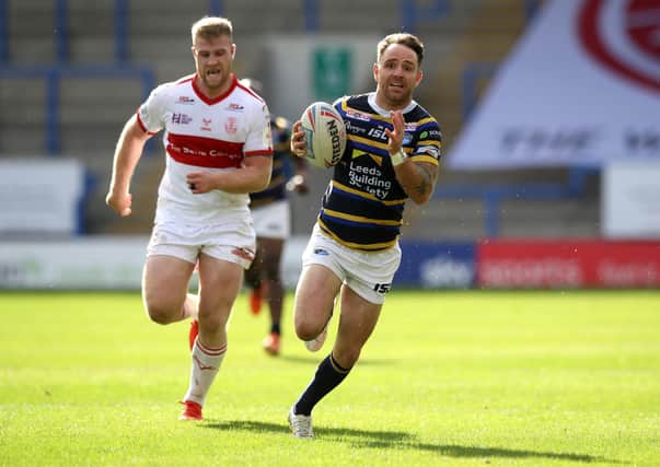 Going through: Leeds Rhinos' Richie Myler breaks away to score a try during the Super League match at the Halliwell Jones Stadium, Warrington. Picture: PA