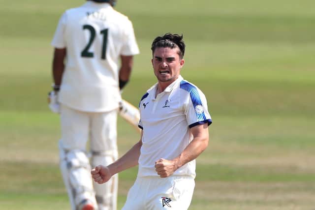 Yorkshire's Jordan Thompson celebrates taking the wicket of Nottinghamshire's Matthew Carter during day four of The Bob Willis Trophy match at Trent Bridge, Nottingham. (Picture: Mike Egerton/PA Wire)
