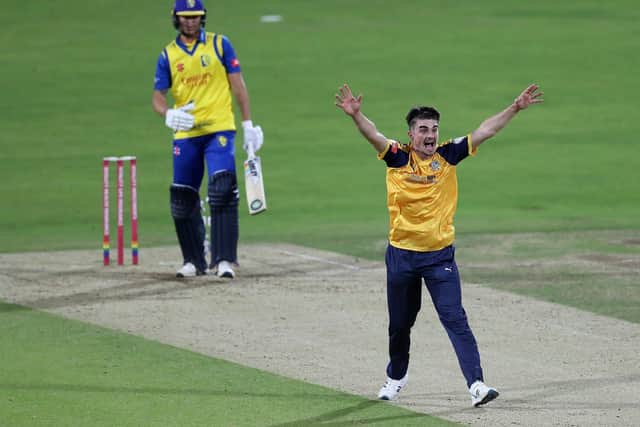 Yorkshire Vikings Jordan Thompson celebrates taking the wicket of Durham's Brydon Carse (left), during the Vitality Blast T20 match at Emerald Headingley, Leeds. (Picture:: Martin Rickett/PA Wire)