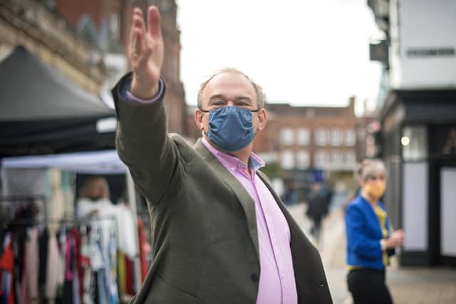Liberal Democrat leader Sir Ed Davey in St Albans city centre in Hertfordshire where he met shop owners and vendors and discussed how they are coping with the latest Covid19 restrictions. Photo: PA