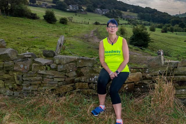 Helen Whiteley, 49, of  Northowram, Halifax, is running  the Virtual London Marathon for her chosen charities, Headway the Brain Injury Association and the Neurosurgery Dept at LGI. 
Picture James Hardisty
