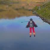 Jet suit demonstration in the Lake District, a collaboration between Gravity Industries, which has developed and patented a 1050 brake horsepower Jet Suit, and the Great North Air Ambulance Service (GNAAS)