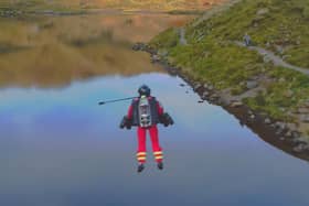 Jet suit demonstration in the Lake District, a collaboration between Gravity Industries, which has developed and patented a 1050 brake horsepower Jet Suit, and the Great North Air Ambulance Service (GNAAS)