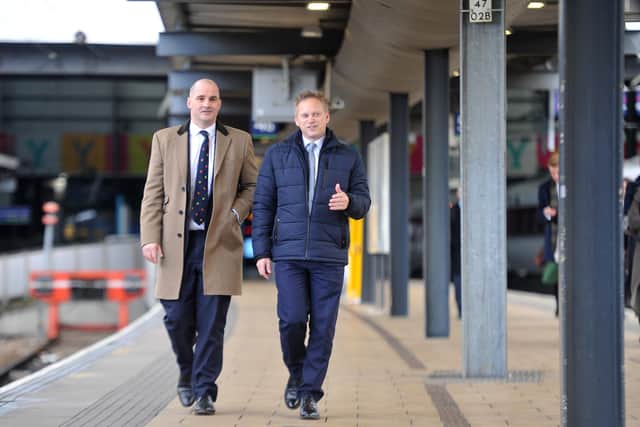 Jake Berry with his former colleague Grant Shapps 9right) at Leeds Station - the Transport Secretary now has the Northern Powerhouse brief as part of his responsibilities.
