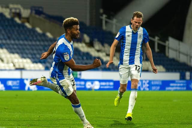 Middle of the pack - Fraizer Campbell celebrates Huddersfield Town's opening goal against Nottingham Forest. (Picture: Bruce Rollinson)