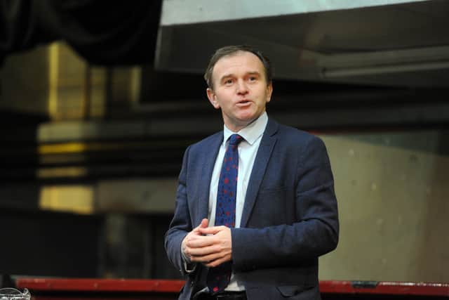 George Eustice speaks to farmers at Skipton Auction Mart in 2017. Picture Tony Johnson.