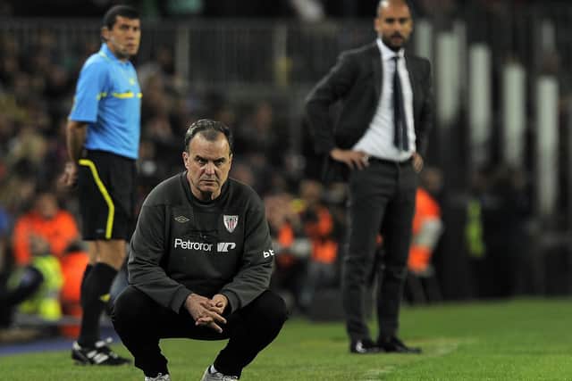 Times past: Athletic Bilbao's coach Marcelo Bielsa and Barcelona coach Pep Guardiola. Picture: Getty Images