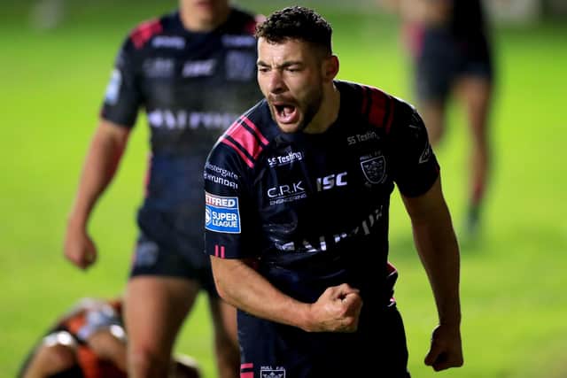 Hull FC's Jake Connor celebrates the winning try. Picture: PA
