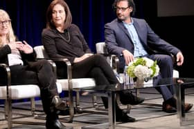 David Olusoga, right, during the Television Critics Association Press Tour in Pasadena, California, in 2017. (Getty Images).