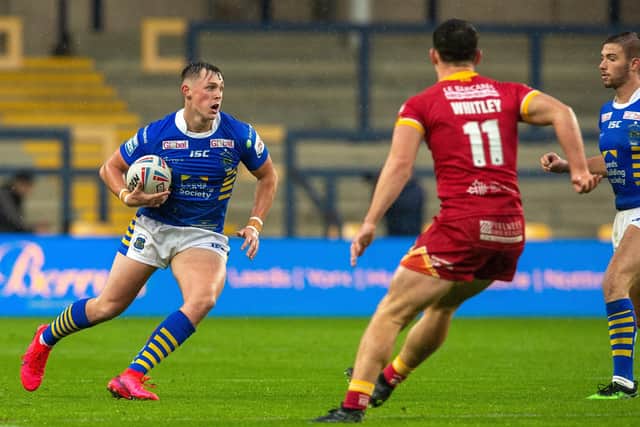 Jack Broadbent. in action for 
Leeds Rhinos against Catalans Dragons
 at Headingley on Wednesday.  Picture: Bruce Rollinson