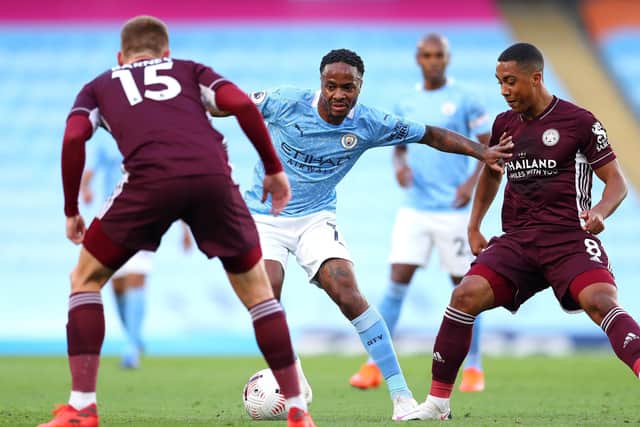 Manchester City's Raheem Sterling (center) battles for the ball with Leicester City's Harvey Barnes (left) and Youri Tielemans (Picture: PA)