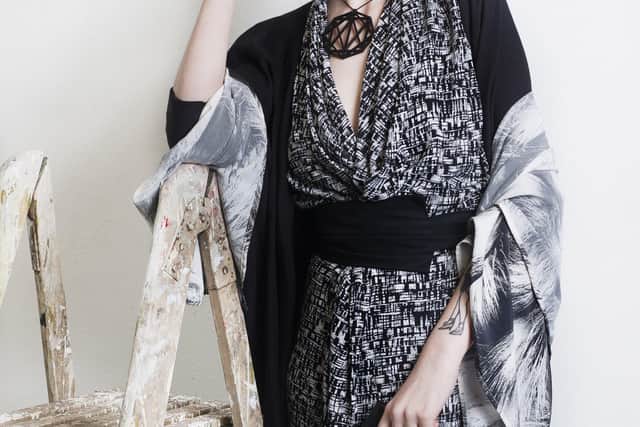 MI end of roll limited edition print kimono dress, £230; AYAME black bamboo jacket, £350; AI Zero Waste scarf, £80; organic cotton twill Obi belt, £100; Identity Logo necklace, £18.50.
CREDITS
| PHOTOGRAPHER- DMITRIJ VASILENKO,
| MODEL - ALIX DENT, 
| VEGAN CRUELTY FREE MAKEUP ARTIST - CHARLOTTE HUBBARD,
| FASHION DESIGNER & STYLIST - ZARAMIA AVA,
| STUDIO- FABRICATION