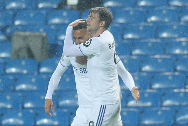 Rodrigo is congratulated by Patrick Bamford after scoring the equaliser. Picture: Simon Hulme