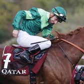 Jockey Cristian Demuro riding Sottsass smiles after winning the Qatar Arc de Triomphe.
