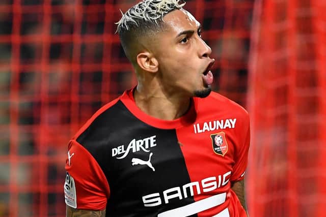 Rennes' Brazilian forward Raphinha celebrates after scoring during the French Ligue 1 football match between Stade Rennais and F.C. Nantes (Picture: DAMIEN MEYER/AFP via Getty Images)