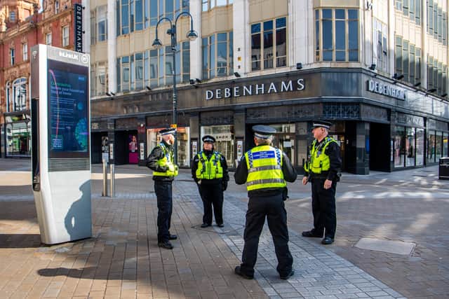 Police on patrol in Leeds during the lockdown.