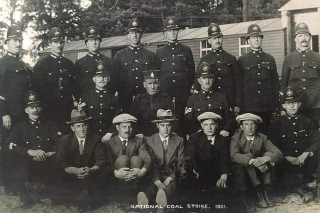 Auckland Brothers with police at New Inn Colliery during Strike, 1921 - Jodie Whittaker’s great grandpa, Edwin Auckland, far right and 3 great uncles. Picture: PA Photo/BBC/Wall to Wall/Jodie Whittaker.