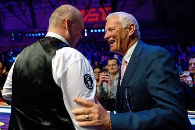 WST chairman Barry Hearn (right) congratulates Stuart Bingham on winning the  Masters on day eight of the 2020 Dafabet Masters in January this year. Picture: Steven Paston/PA