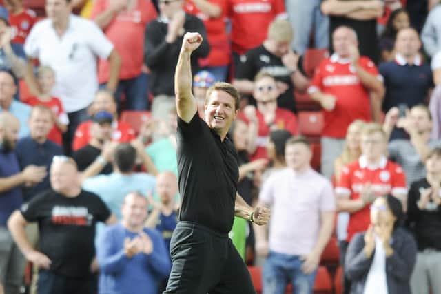Daniel Stendel celebrates at Oakwell after beating Fulham at home at the start of last season.