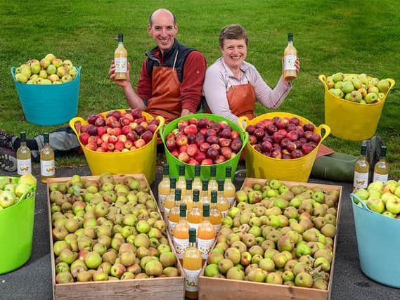 Shortlisters of Quench Yorkshire Category and Owners of Yorkshire Wolds Apple Juice, Jon and Jane Birch pictured on their farm in Malton.