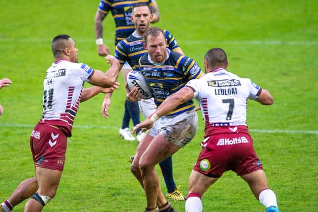 Matt Prior with Luke Glae in support as Leeds Rhinos beat Wigan in the Challenge Cup semi-final last week (Picture: Bruce Rollinson)