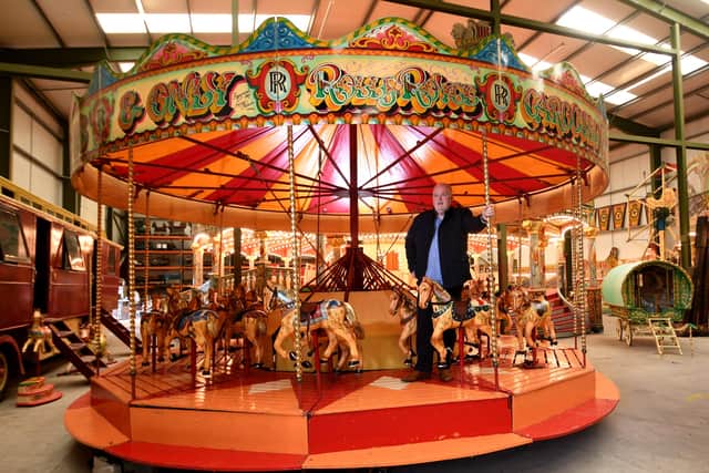 David Littleboy with the Rolls Royce Carousel, at his Unit at Kinsley, near Wakefield.