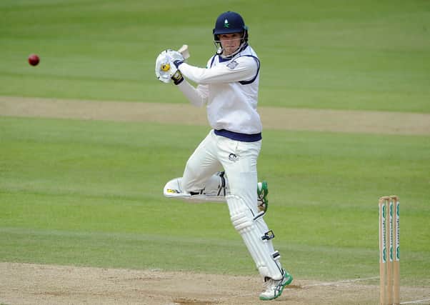 James Logan hits four of the bowling of Oliver Hannon-Dalby during Yorkshire's historic match against Warwickshire at York last summer (Picture: SWpix.com)