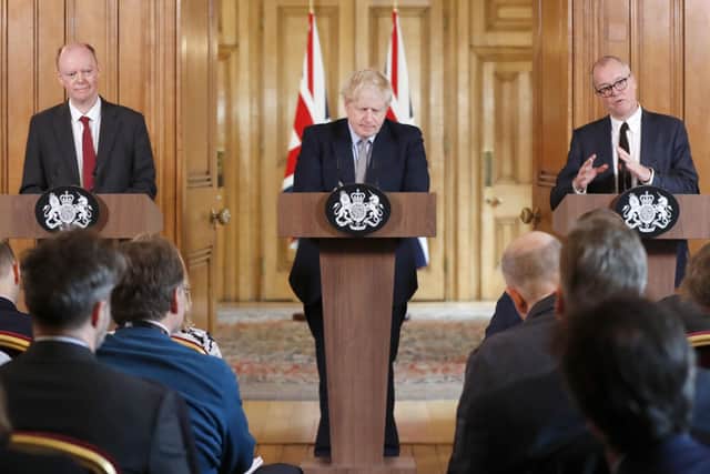 File photo showing (left to right) Chief Medical Officer for England Chris Whitty, Prime Minister Boris Johnson and Chief Scientific Adviser Sir Patrick Vallance during a press conference at Downing Street.