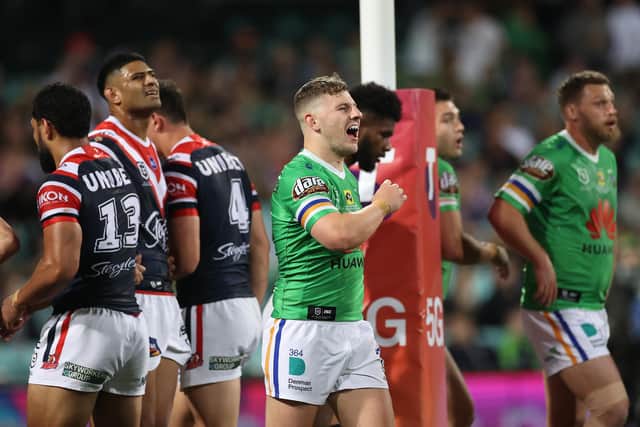 George Williams of the Raiders reacts during the NRL Semi Final match between the Sydney Roosters and the Canberra Raiders at the Sydney Cricket Ground on October 09, 2020 in Sydney, Australia. (Picture: Cameron Spencer/Getty Images)
