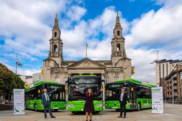 The first-ever zero emission bus fleet for West Yorkshire were unveiled in Millennium Square, Leeds. The Yutong E10 electric vehicles (EV) represent a £7.3m investment by First Bus with funding support from the Department of Transport’s Ultra-Low Emission Bus Scheme (ULEB) in a partnership with the West Yorkshire Combined Authority and Leeds City Council and mark a breakthrough in public transport for the city region. Pictured Paul Matthews, Managing Director of First West Yorkshire, Councillor Kim Groves, Chair of the Transport Committee at the combined authority, and Councillor Peter Carlill, Leeds City Council, Lead Member for Active Travel and Sustainable Transport. Pic: James Hardisty