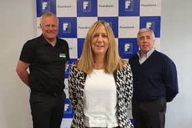 Poundland MD Barry Williams with Fultons MD Karen Rees and Fultons chairman Kevin Gunter this morning at Fultons’ base in Barnsley