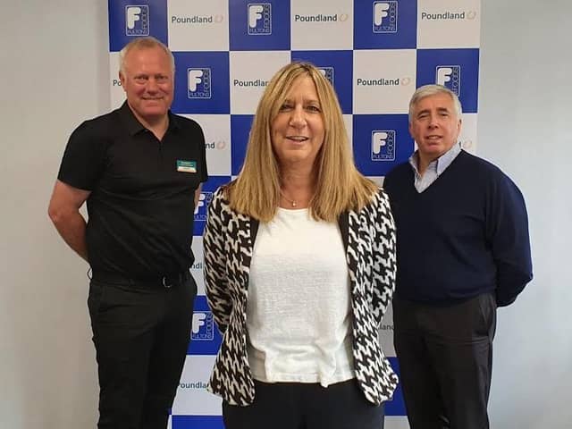 Poundland MD Barry Williams with Fultons MD Karen Rees and Fultons chairman Kevin Gunter this morning at Fultons’ base in Barnsley
