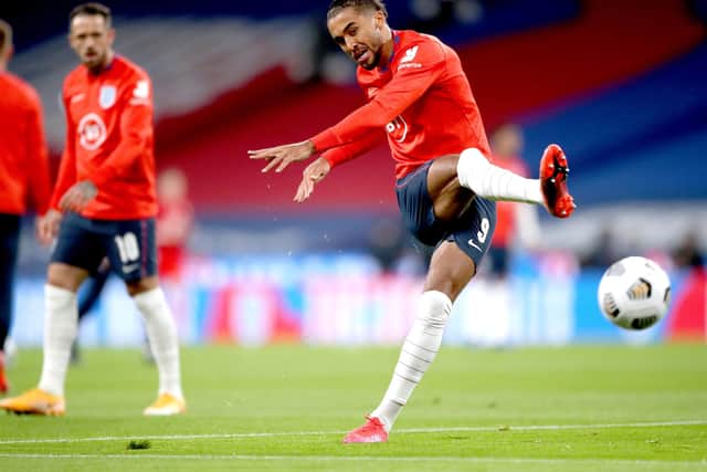 England's Dominic Calvert-Lewin: During the pre-match warm-up prior to the international friendly match at Wembley. Picture: PA
