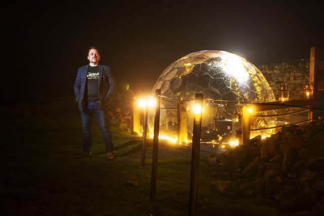 Pictured, Andrew Hields, the owner of Tan Hill Inn for the last two years, has installed pods at the iconic Yorkshire pub, for diners to stargaze whilst enjoing their meal in private. Photo credit: Tony Johnson/JPIMediaResell