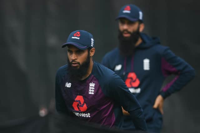 Adil Rashid during an England net session at Old Trafford. Picture: Gareth Copley/NMC Pool/PA.