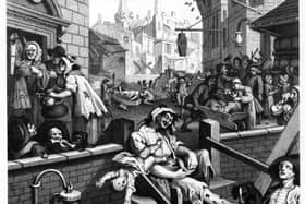 cenes of debauchery and drunkenness in ‘Gin Lane’, in the famous engraving by William Hogarth, London, 1751.(Picture: Getty Images).