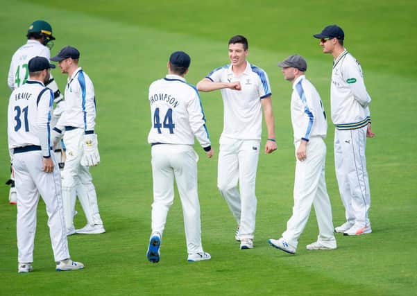 Yorkshire's Matthew Fisher is congratulated on the dismissal of Leicestershire's Hassan Azad during the 2020 Bob Willis Trophy (Picture: SWpix.)