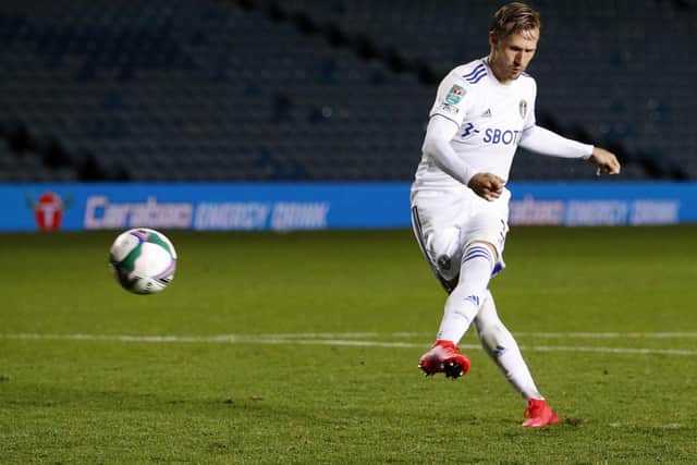 LOAN: Barry Douglas takes a penalty in his last Leeds United appearance, the League Cup tie against Hull City which went to a shoot-out