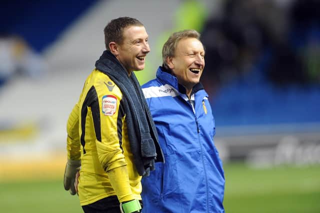 Paddy Kenny and manager Neil Warnock share a joke after a draw between Leeds United and Brighton in November 2012. Picture: Steve Riding.