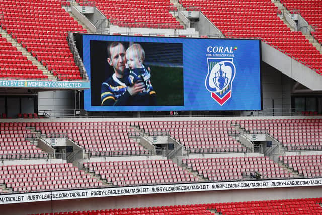 Empty: Challenge Cup Guest of Honour ‘in absentia’, Rob Burrow, appears on the big screen at an empty Wembley.Picture: Allan McKenzie/SWpix.com