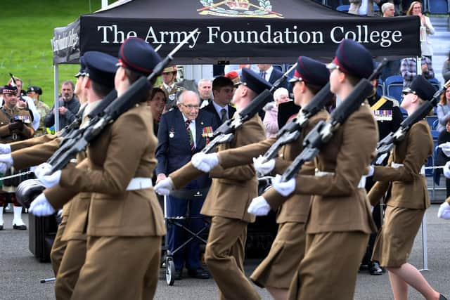 Captain Sir Tom Moore at a passing out parade at the Army Foundation College.